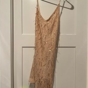 Lulu's Champagne Beaded Fringe Mini Dress